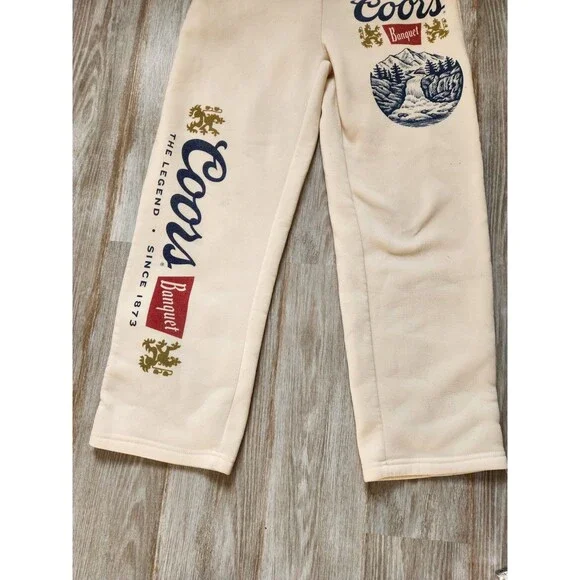 Coors Banquet Sweatpants Mens M Beige Graphic Logo Fleece Lounge Licensed Beer - Picture 3 of 10